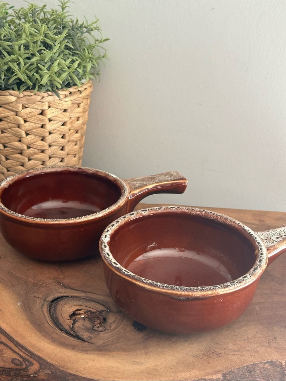 Set of 2 Vintage Hull Pottery Brown Drip Glaze Soup Chili Crock Bowls w/ Handles